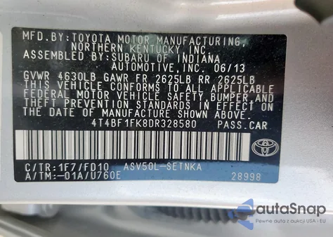 2013 Toyota Camry L из США, поврежденный, VIN 4T4BF1FK8DR328580